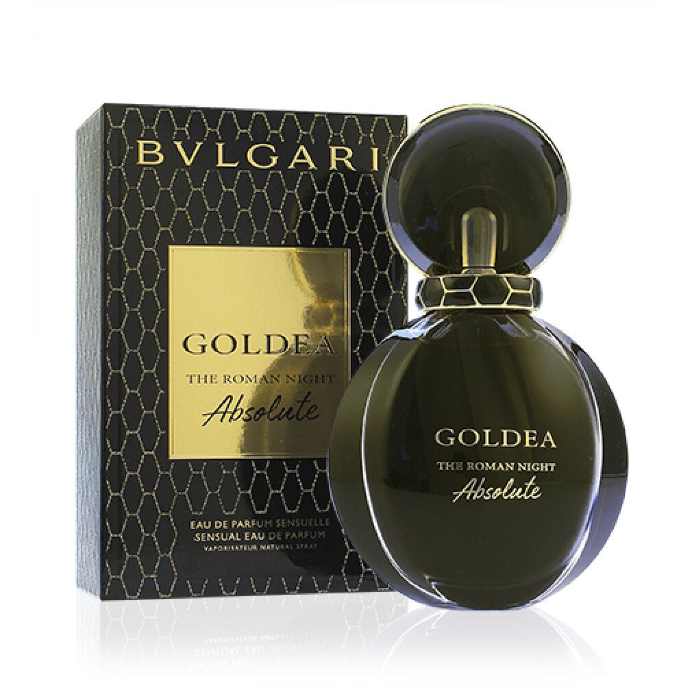 Bvlgari Goldea The Roman Night Absolute Edp Spray. Flacone e confezione. Flacone nero, testo dorato.