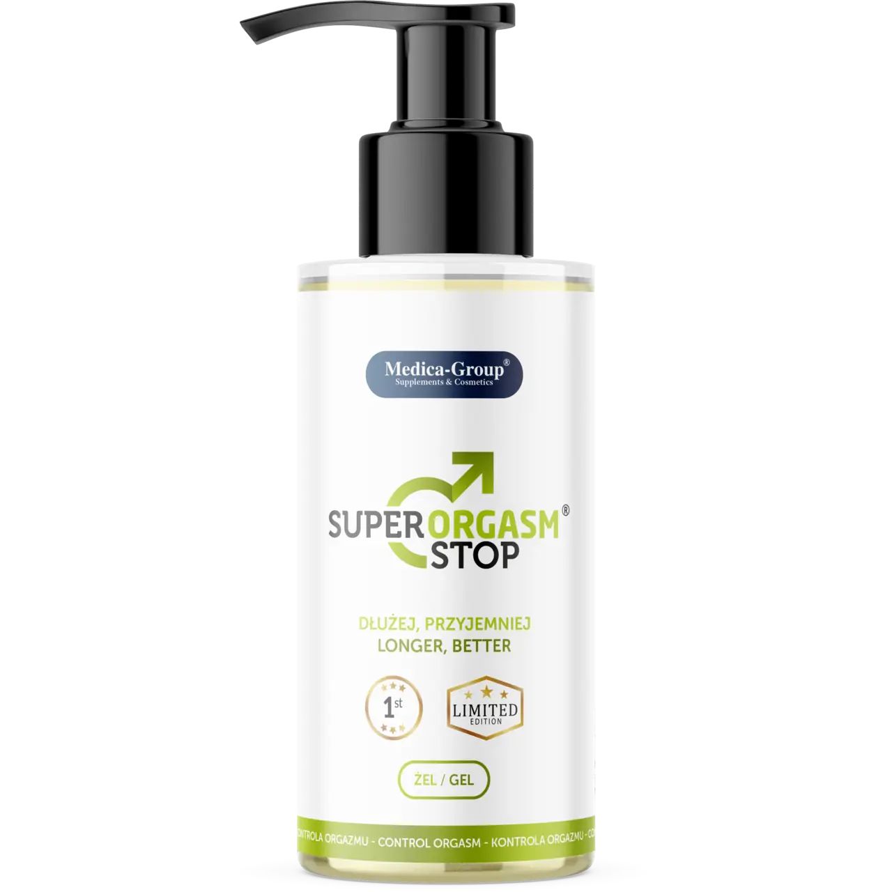 Flacone di gel con dosatore nero. Scritta: Super Orgasm Stop, Medica-Group. Edizione limitata.