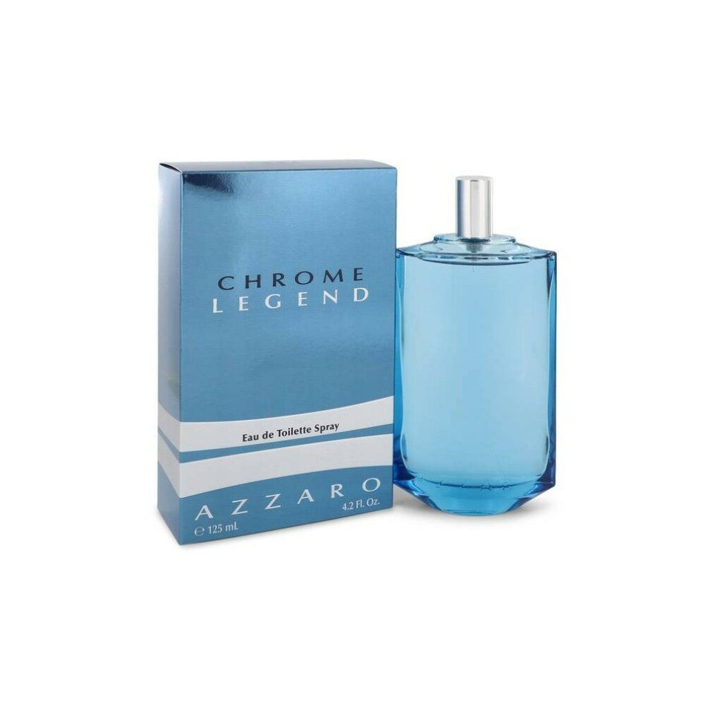 Flacone Azzaro Chrome Legend azzurro con confezione. Il nome del prodotto è visibile sul flacone e sulla scatola.