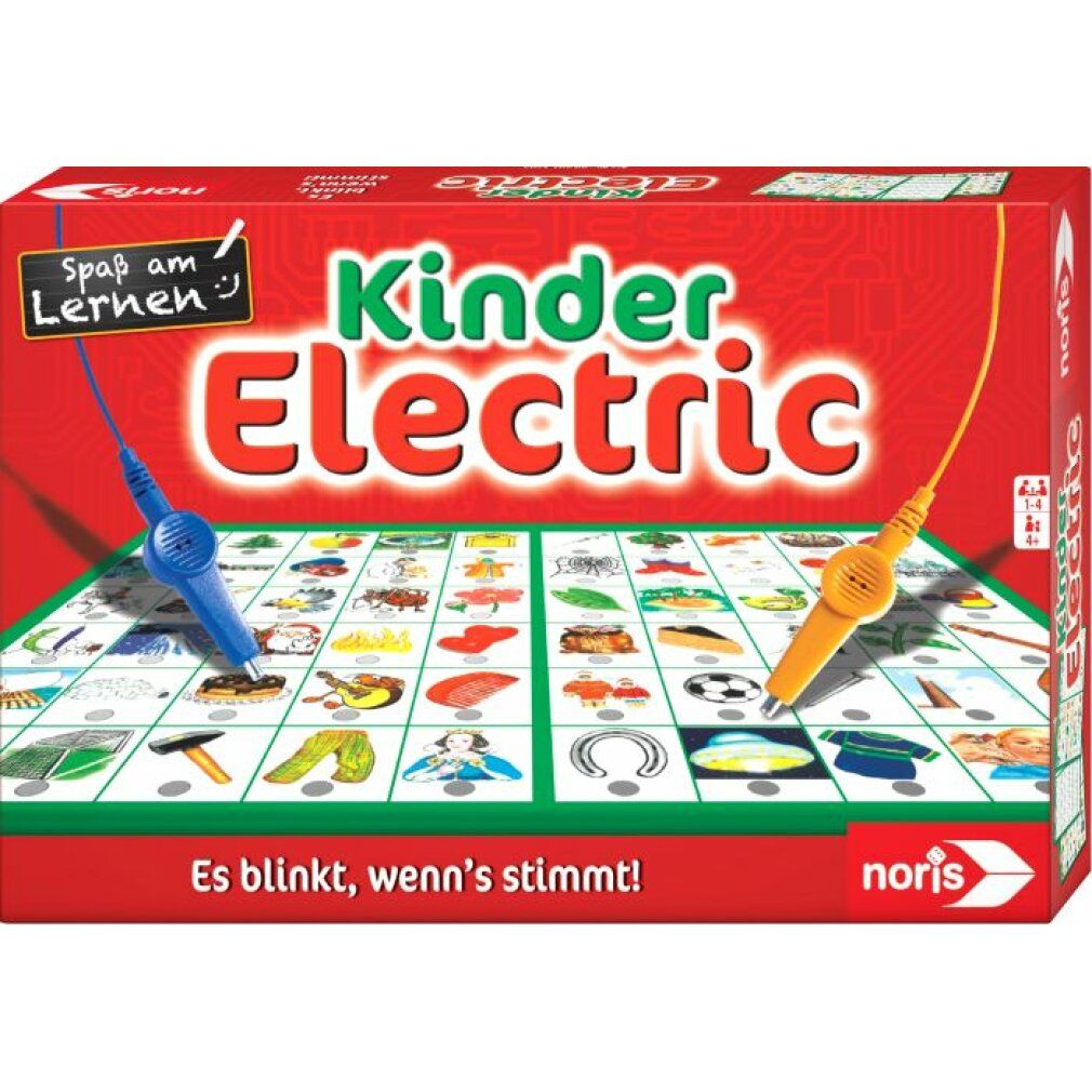 Gioco Kinder Electric. Scatola rossa con immagini colorate e due penne. Testo: Es blinkt, wenn's stimmt! (Lampeggia se è corretto!)