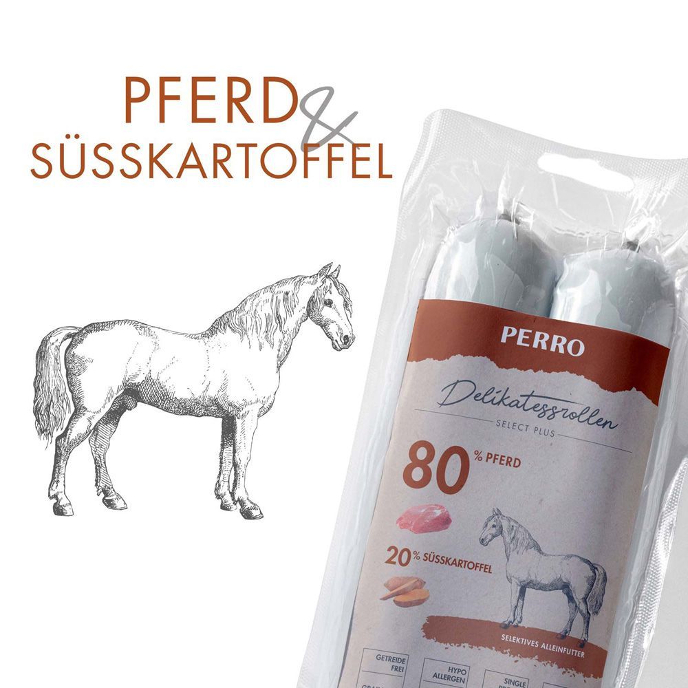 Confezione con due rotoli. Stampa: PERRO Delikatessrollen, Cavallo & Patata dolce, 80% Cavallo.