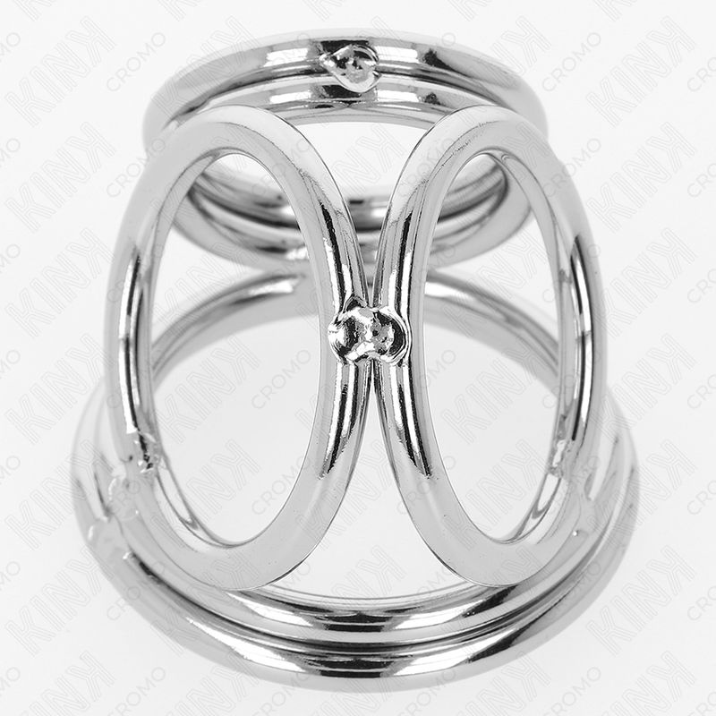 Anello per pene in metallo con tre anelli, collegati da barre verticali.