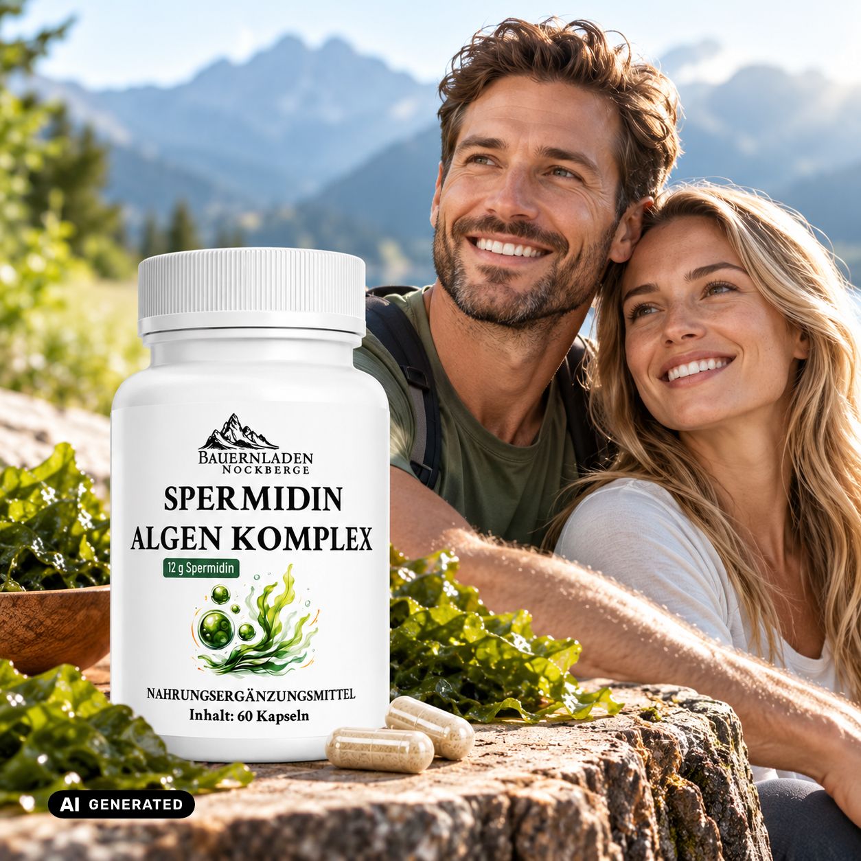 Capsule bianche Spermidin Algen Komplex, 60 capsule, vicino a una coppia sorridente in un paesaggio montano.