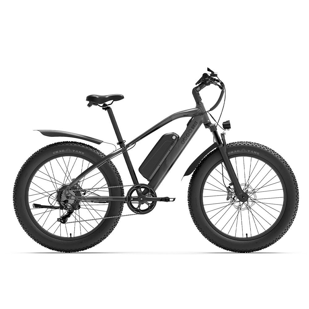 E-bike nera con pneumatici larghi, batteria e parafanghi. Logo GOGOBEST visibile.