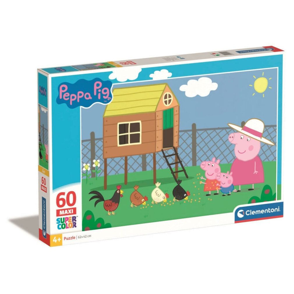 Clementoni Maxi Puzzle - Peppa Pig, 60 pezzi. Confezione con motivo puzzle. Dimensioni: 62x42cm. Marchio e numero di pezzi visibili.