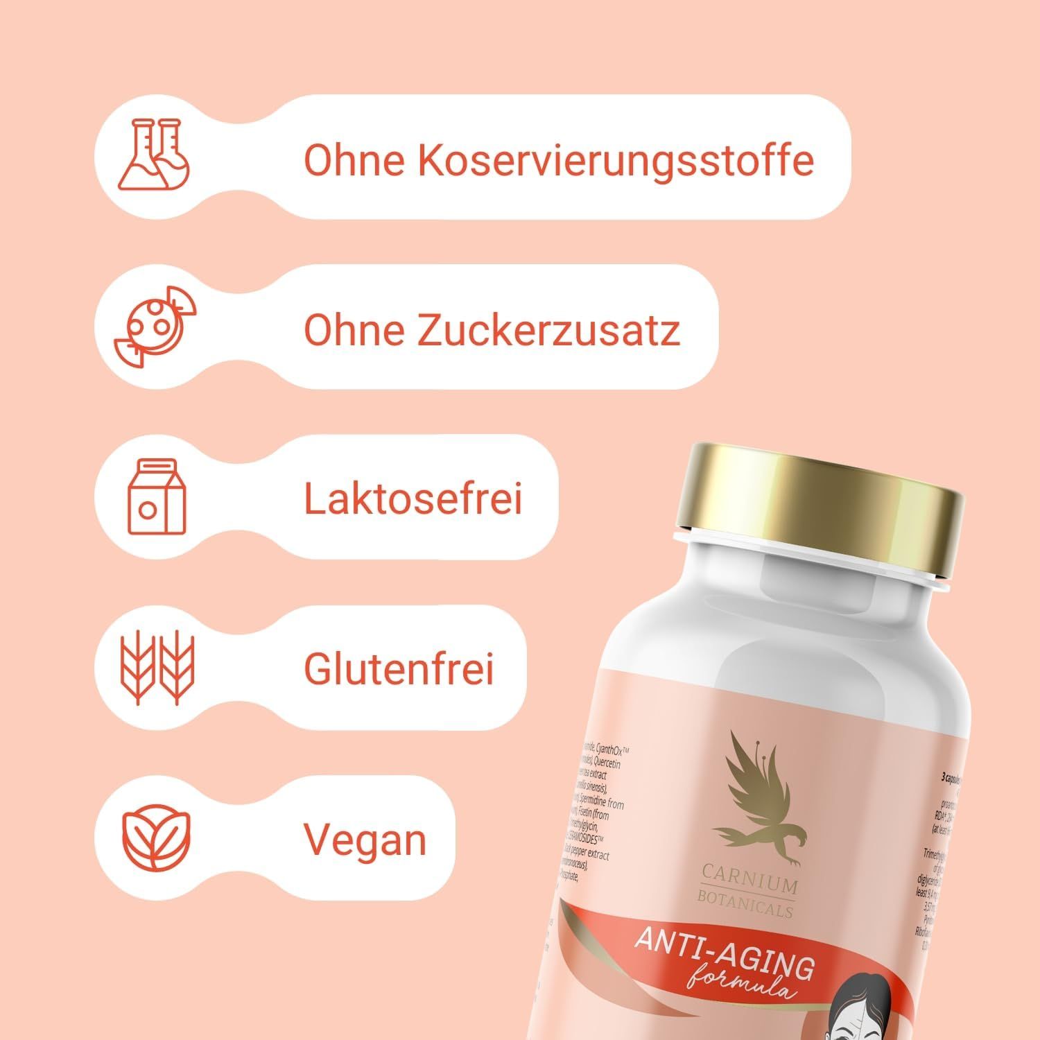 Flacone con tappo dorato. Testo: Carnium Botanicals, Anti-Aging formula. Simboli degli ingredienti.