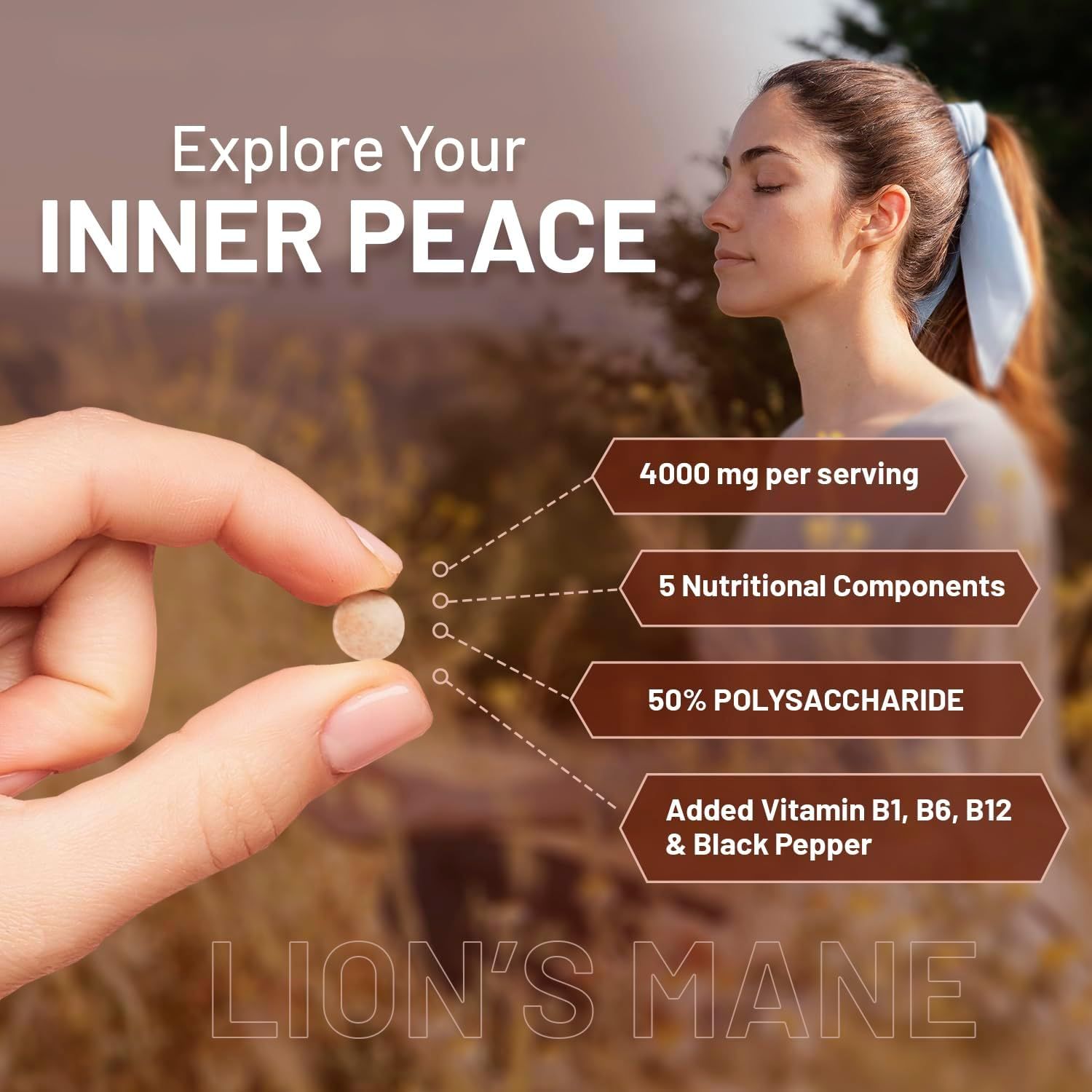 Una mano tiene una compressa. Testo: 4000 mg per porzione, 5 componenti nutrizionali, 50% polisaccaridi, vitamine B1, B6, B12 e pepe nero.