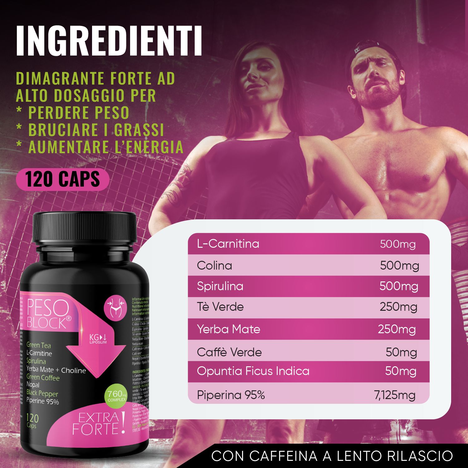 Flacone del prodotto con ingredienti e tabella. 120 capsule. Sfondo: donna e uomo.