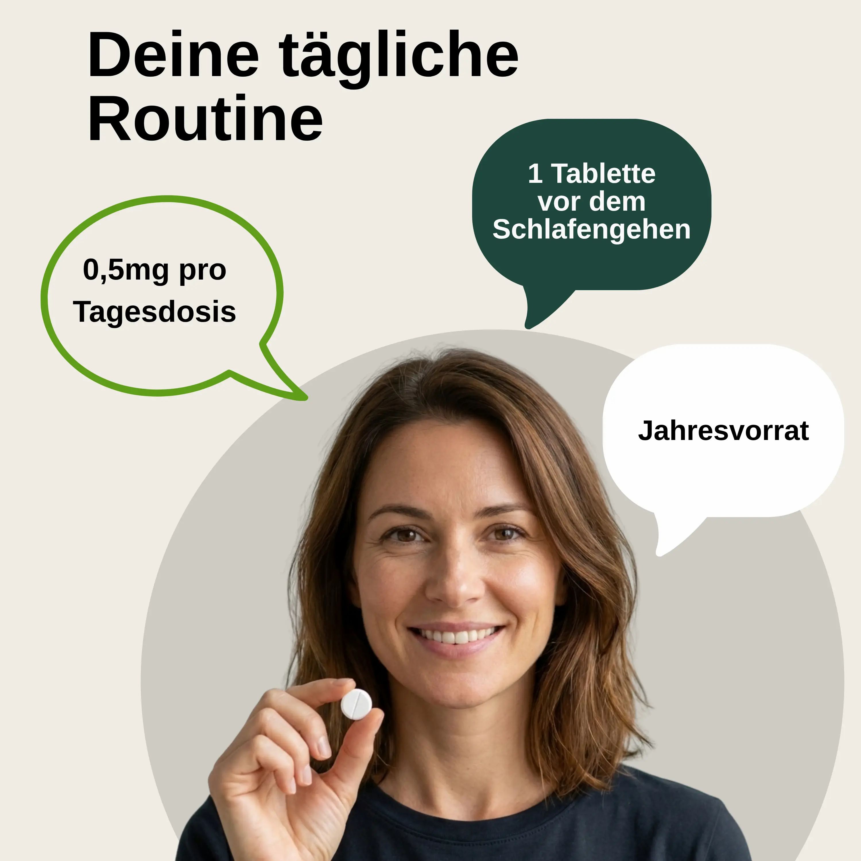 Donna tiene in mano una compressa di melatonina. Fumetti: "0,5mg per dose giornaliera", "1 compressa prima di dormire", "Scorta annuale".