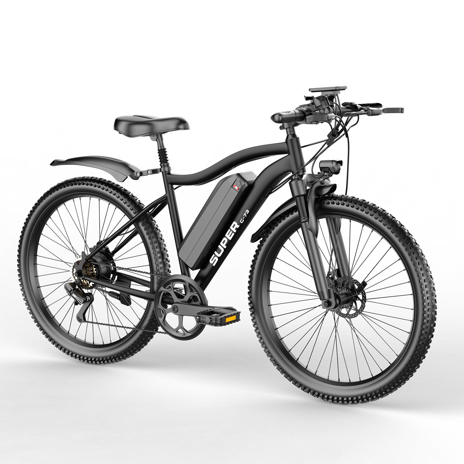 Bicicletta elettrica nera con batteria rimovibile. Dettagli visibili: parafanghi, sella, pedali, pneumatici.