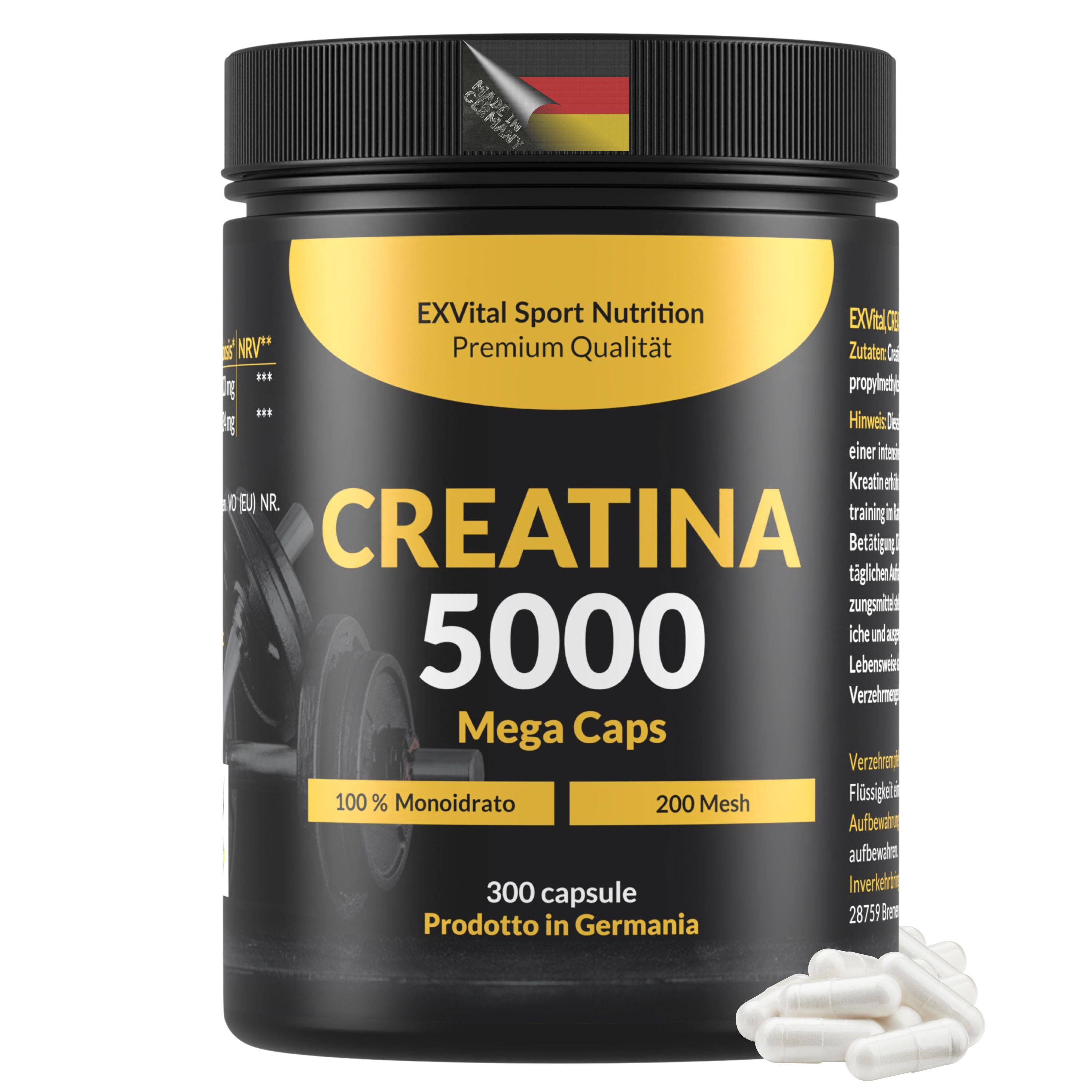 Contenitore EXVital Creatin 5000 Mega Caps con bandiera tedesca e iscrizione 'Prodotto in Germania'.