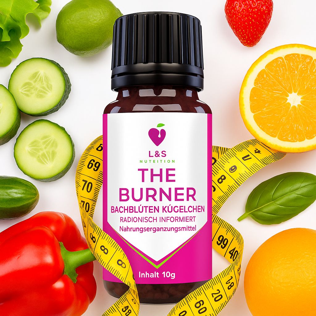 Flacone marrone con tappo nero, circondato da verdure, frutta e un metro a nastro. Etichetta: L&S Nutrition, THE BURNER, Bachblüten Kügelchen.