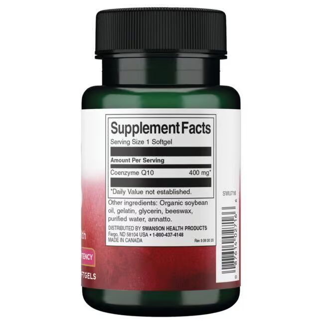 Flacone verde scuro con tappo nero. Etichetta con informazioni nutrizionali: Coenzima Q10, 400 mg. Prodotto in Canada.