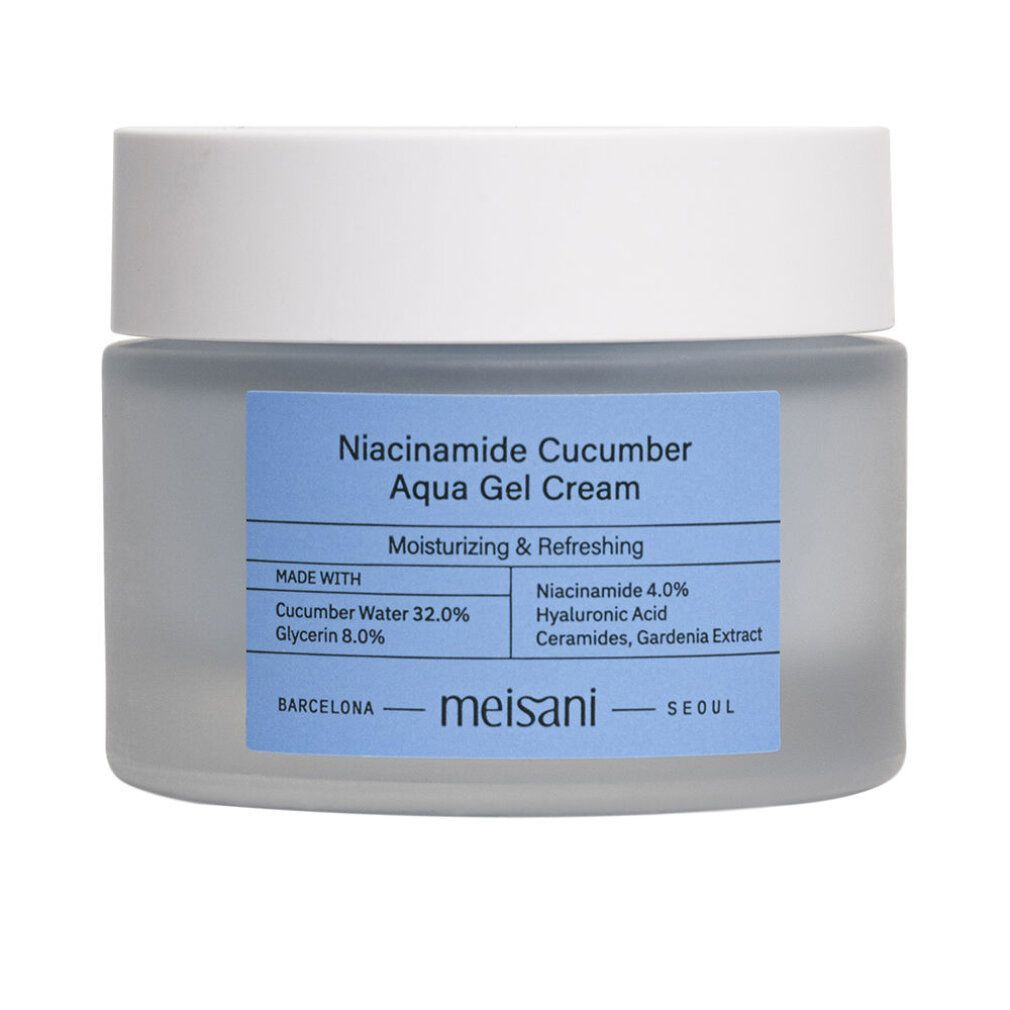 Vasetto di crema con etichetta blu. Testo: Niacinamide Cucumber Aqua Gel Cream, Meisani. Coperchio bianco.