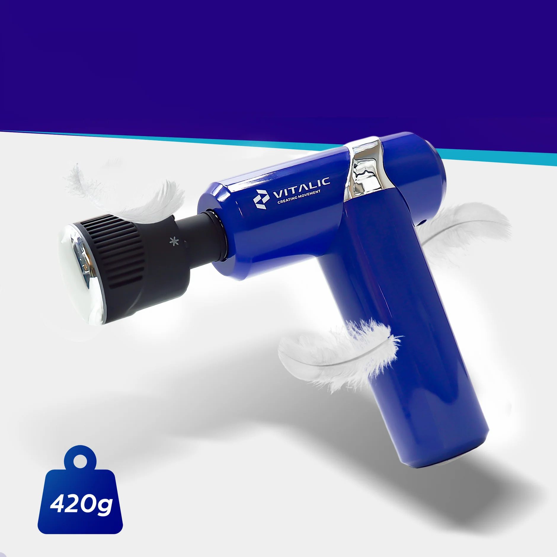 Pistola massaggiante blu, testina nera, peso 420g. Logo VITALIC visibile.