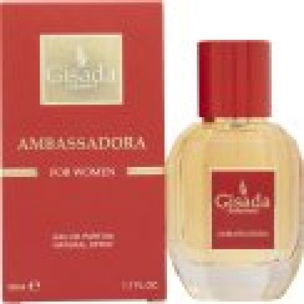 Flacone di profumo e confezione. Confezione rossa. Scritta: Gisada Switzerland, Ambassadora, Eau de Parfum.
