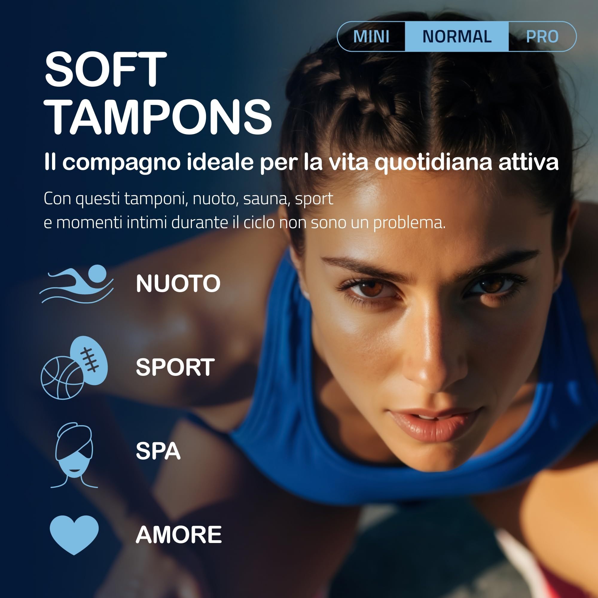 Donna che fa sport, MY.SIZE Woman Soft Tamponi Normal. Icone per nuoto, sport, spa, amore.