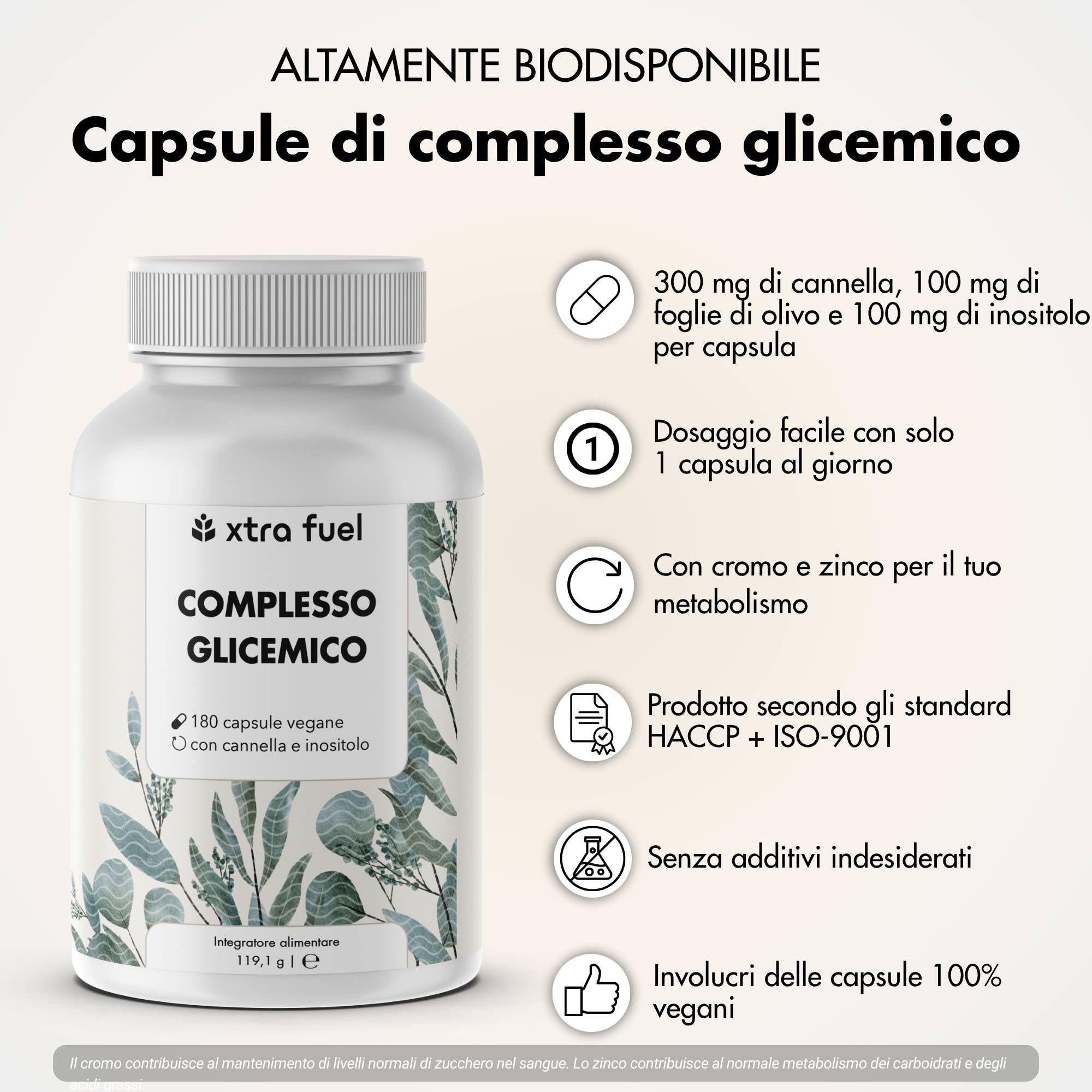 Flacone del prodotto con testo e icone. Testo: Capsule di complesso glicemico. 300mg cannella, 100mg foglie di olivo & 100mg inositolo per capsula. 180 capsule vegane.