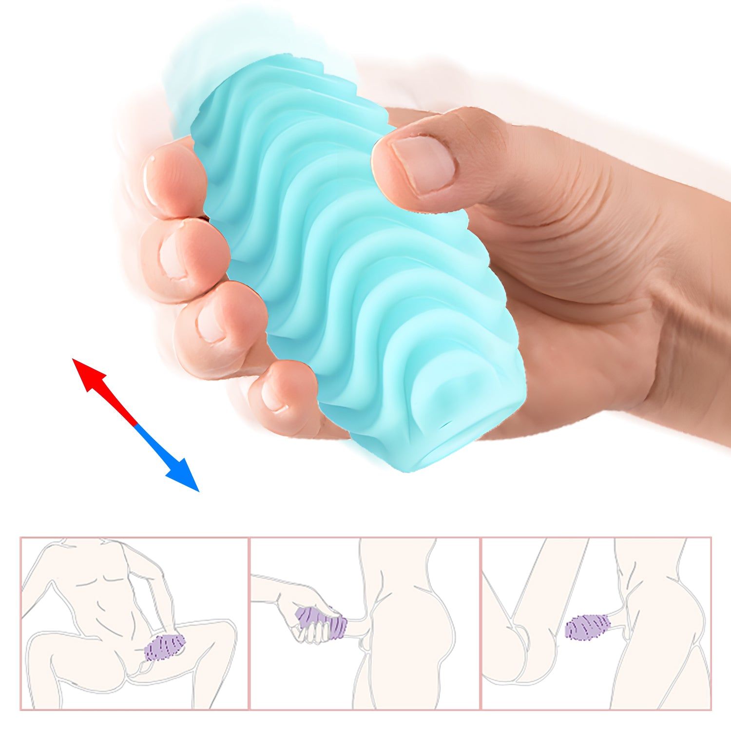 Mano che tiene un prodotto a forma di uovo, blu chiaro, superficie ondulata. Frecce e illustrazioni di applicazioni.