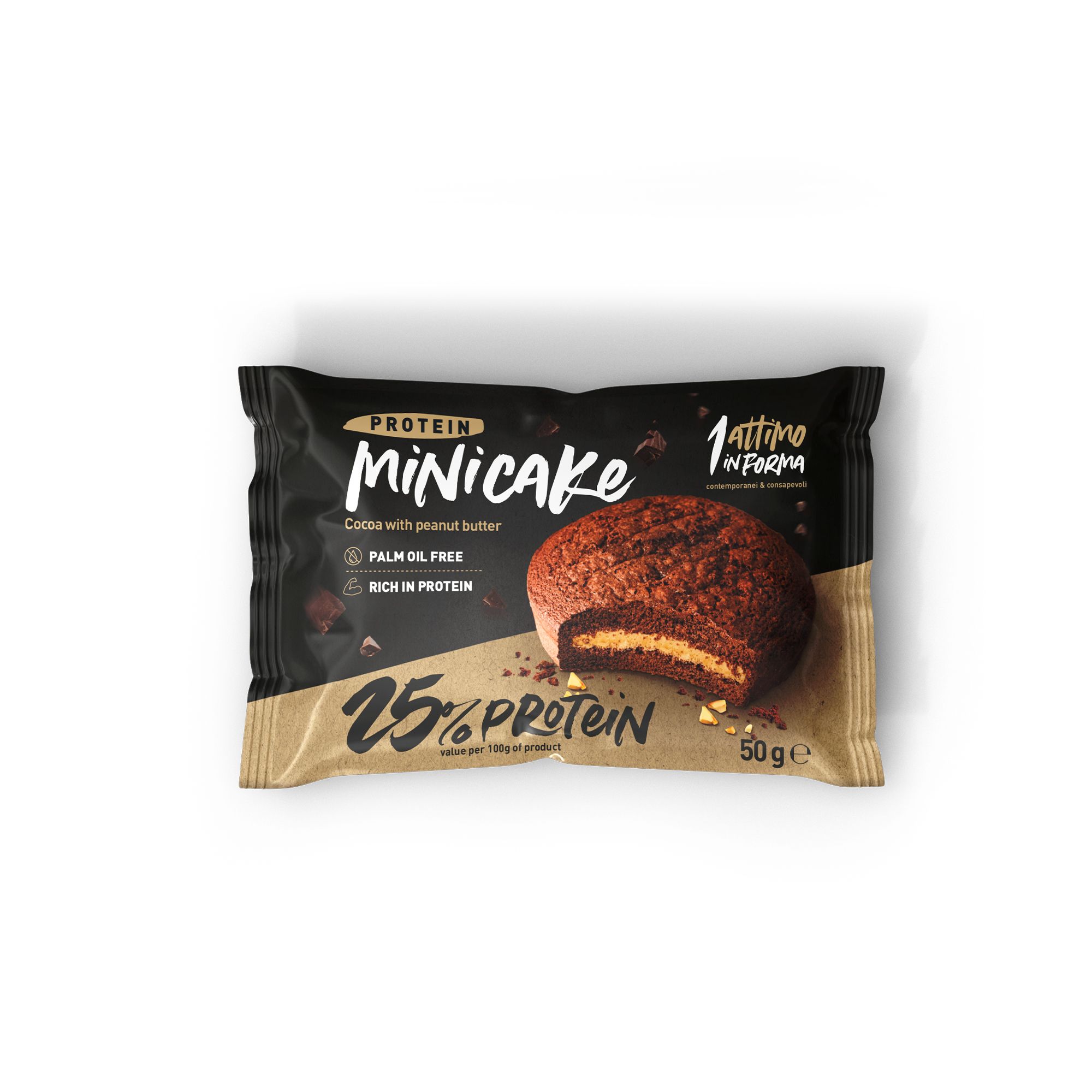 Minicake proteico cacao e burro d'arachidi, 50g. Senza olio di palma, ricco di proteine.