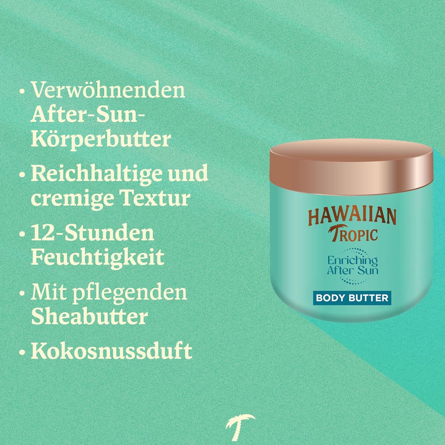 Vasetto turchese. Testo: Burro corpo doposole, texture ricca, idratazione 12h.