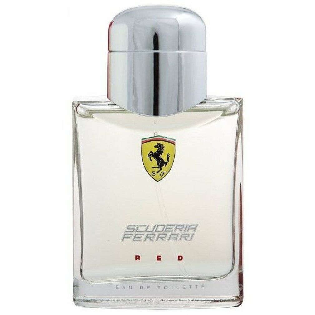 Flacone di profumo quadrato con tappo argentato. Logo e scritta Scuderia Ferrari Red sul flacone.