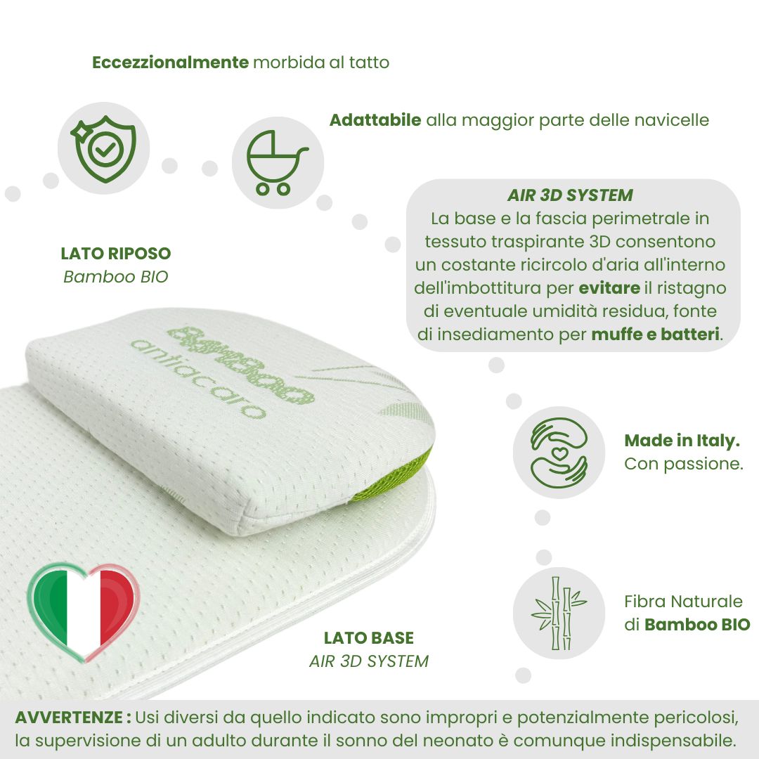 IDELIO Materassino Carrozzina Navicella Neonato Bamboo BIO Completo di Guanciale