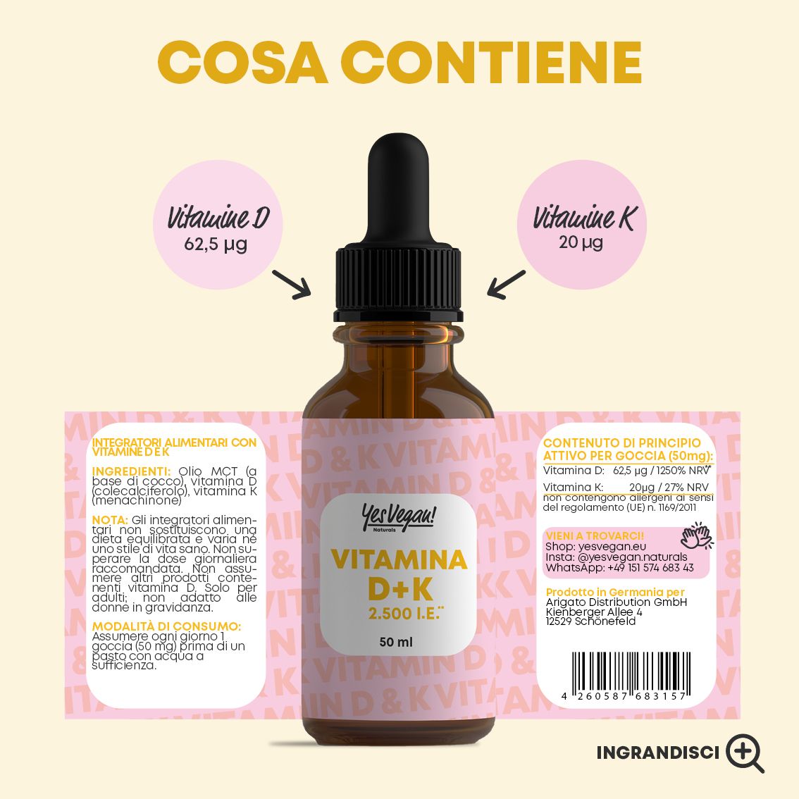 Flacone con contagocce, mostra l'etichetta "Yes Vegan! Vitamina D+K".