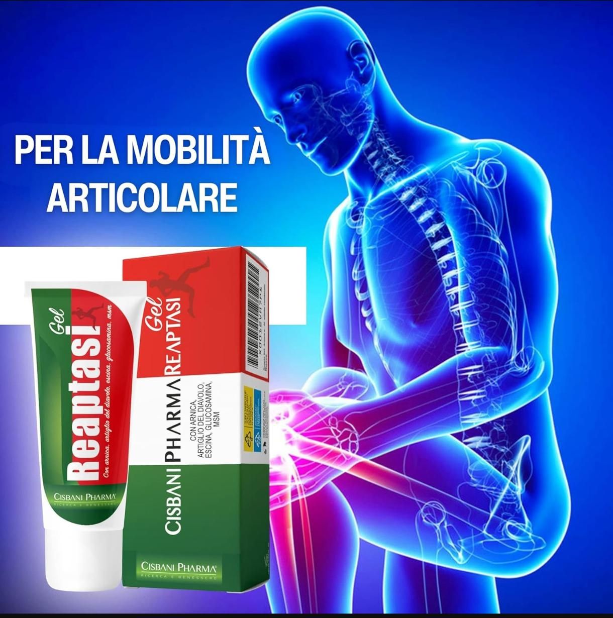 Tubo e scatola di gel Reaptasi. Marchio Cisbani Pharma. Testo: Per la mobilità articolare. Sfondo: ginocchio con ossa.