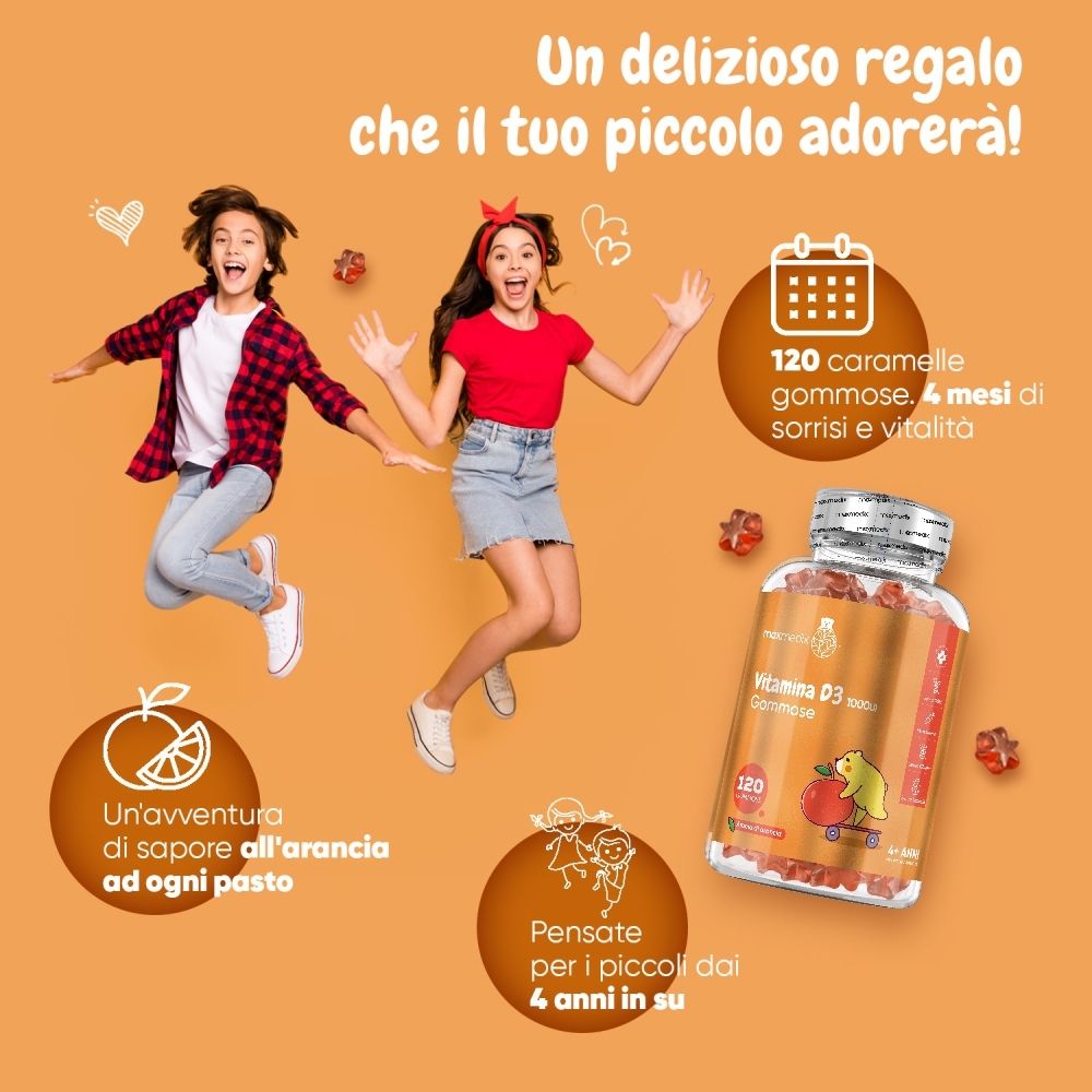 Due bambini saltano. Bottiglia di gommosi Vitamina D3, 120 pezzi. Testo: maxmedix, 4 mesi, gusto arancia.