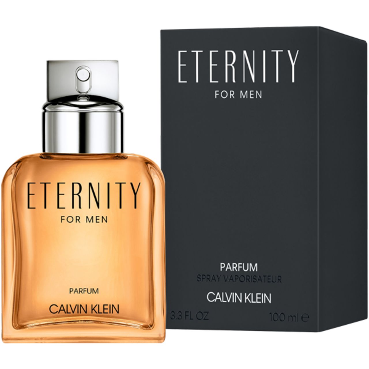Flacone di profumo e scatola nera. Flacone: vetro ambrato quadrato. Scatola: Eternity For Men, Calvin Klein.