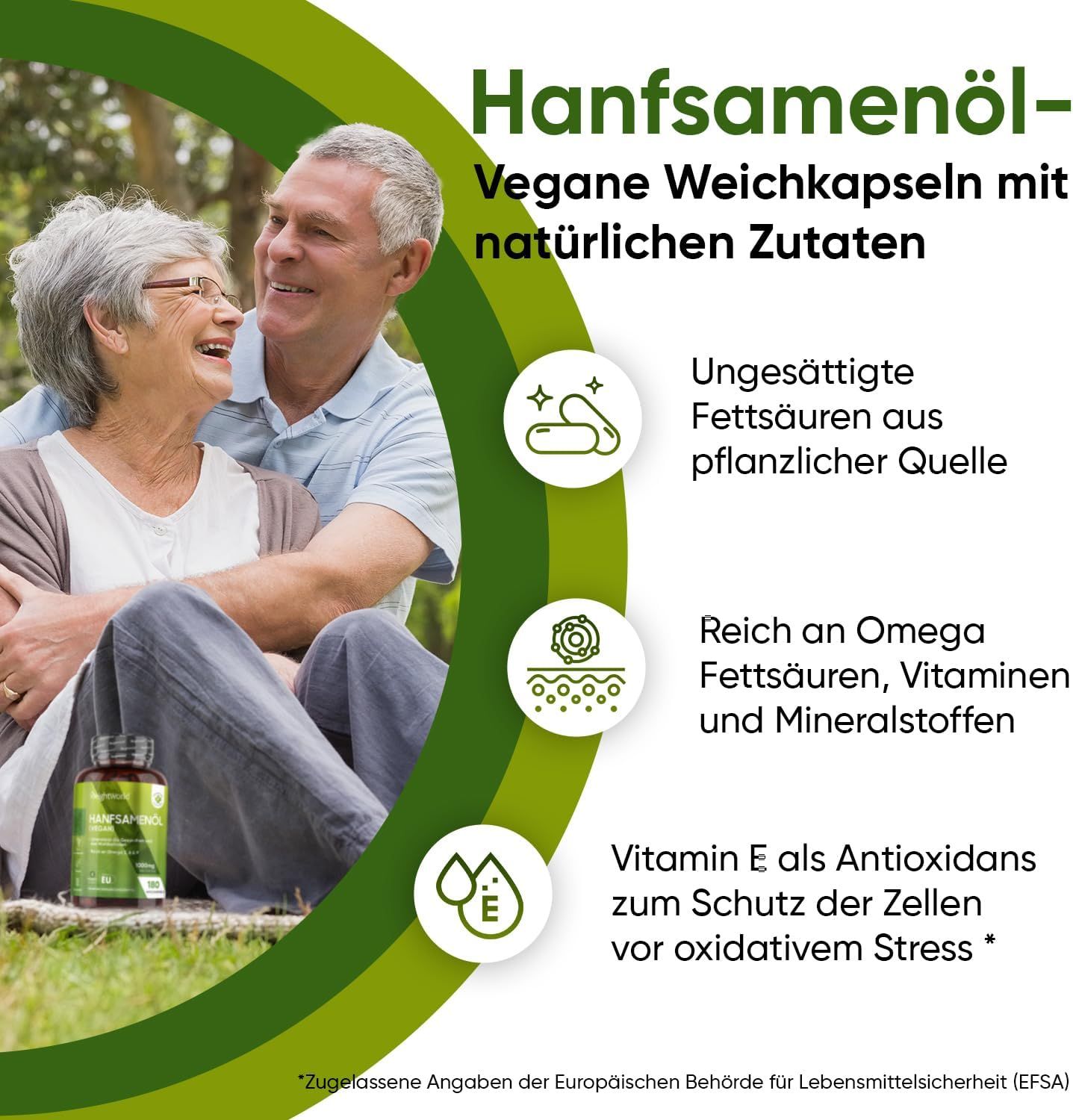 Coppia seduta e sorridente. Testo: Capsule molli vegane all'olio di semi di canapa con ingredienti naturali. Immagini di capsule e icone.