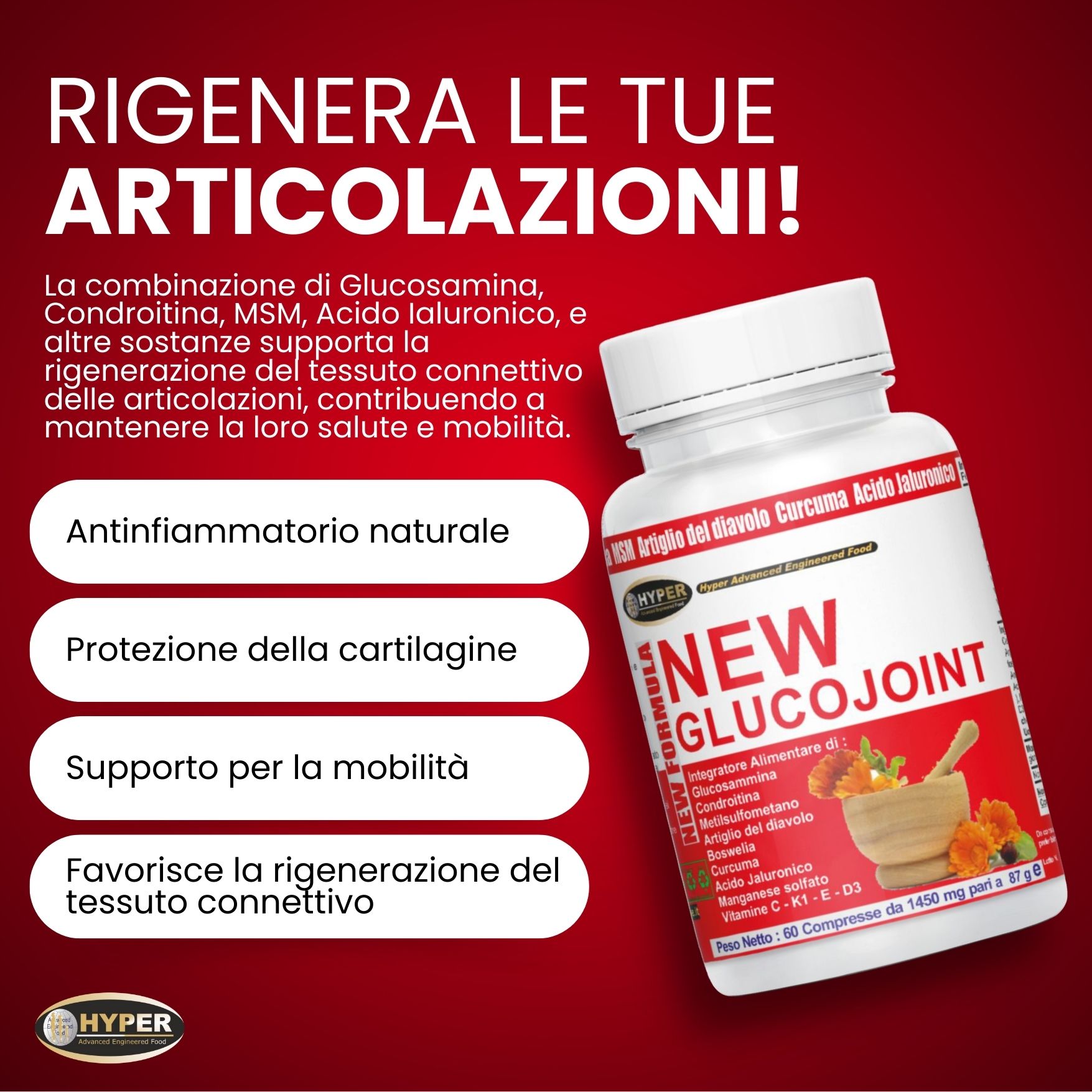 Flacone bianco con etichetta. Testo: NEW GLUCOJOINT. Ingredienti: Glucosamina, Condroitina, MSM, acido ialuronico, ecc.