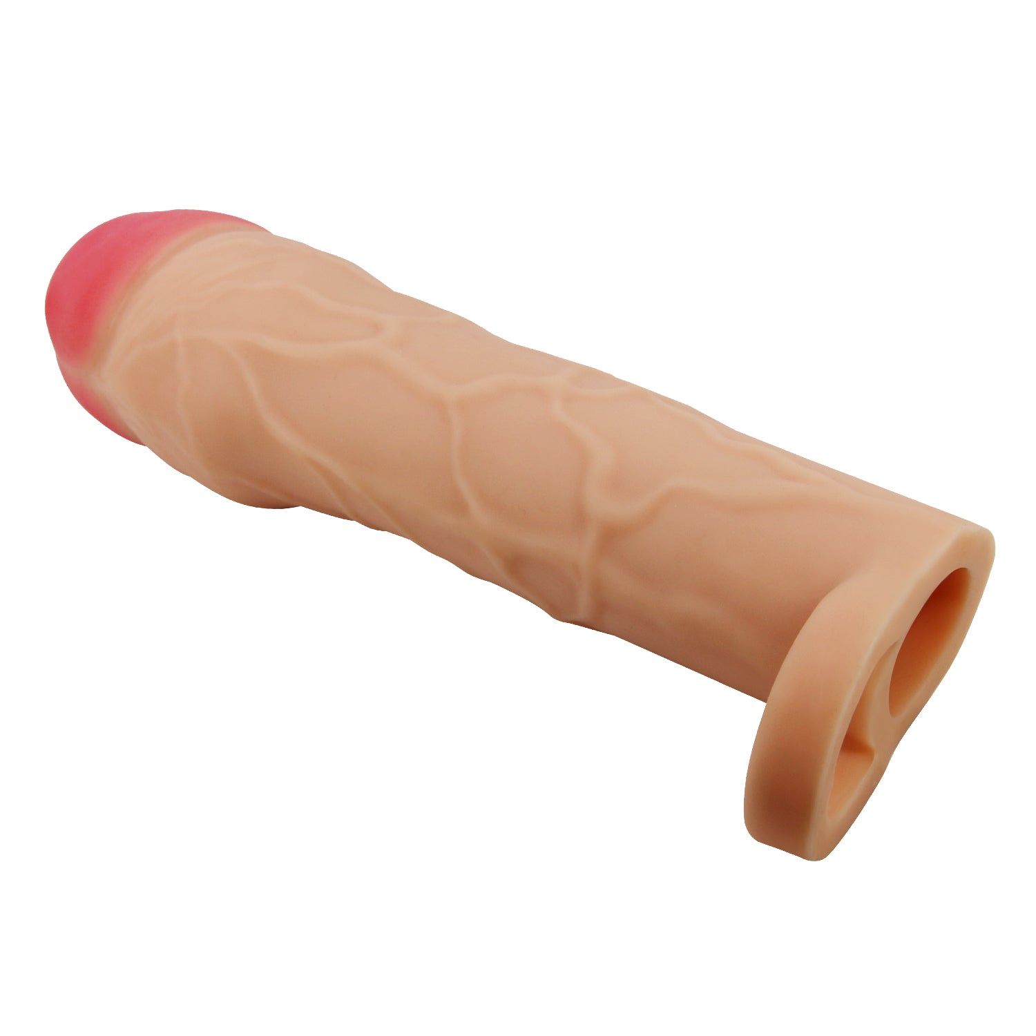Extender per pene beige con punta rosa. Motivo venoso visibile. Base con anello. Vista obliqua.