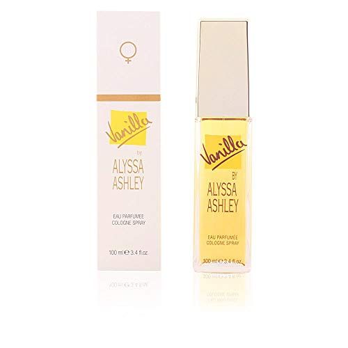 Alyssa Ashley Vanilla Eau Parfumee Cologne Spray flacone e confezione con simbolo femminile.