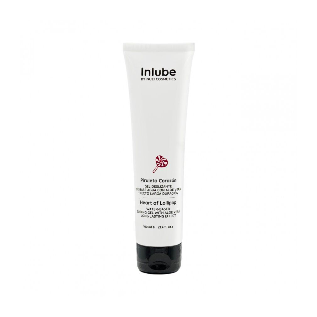 Gel bianco in tubo con tappo nero. Scritta: Inlube, Piruleta Corazón, Heart of Lollipop.