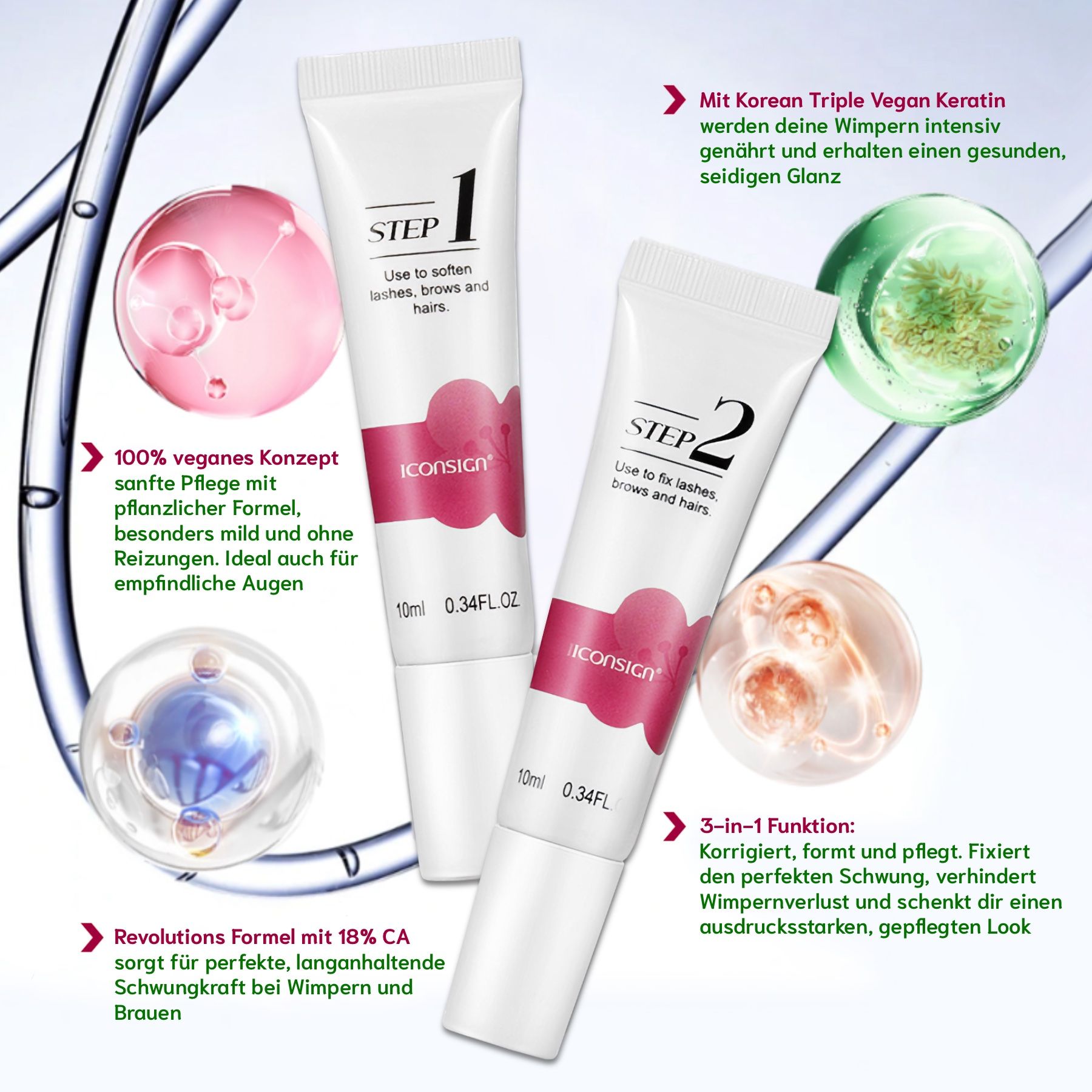 Due tubi di crema, 10 ml, con la scritta 'STEP 1' e 'STEP 2'. Marchio: Iconsign. Per ciglia e sopracciglia.