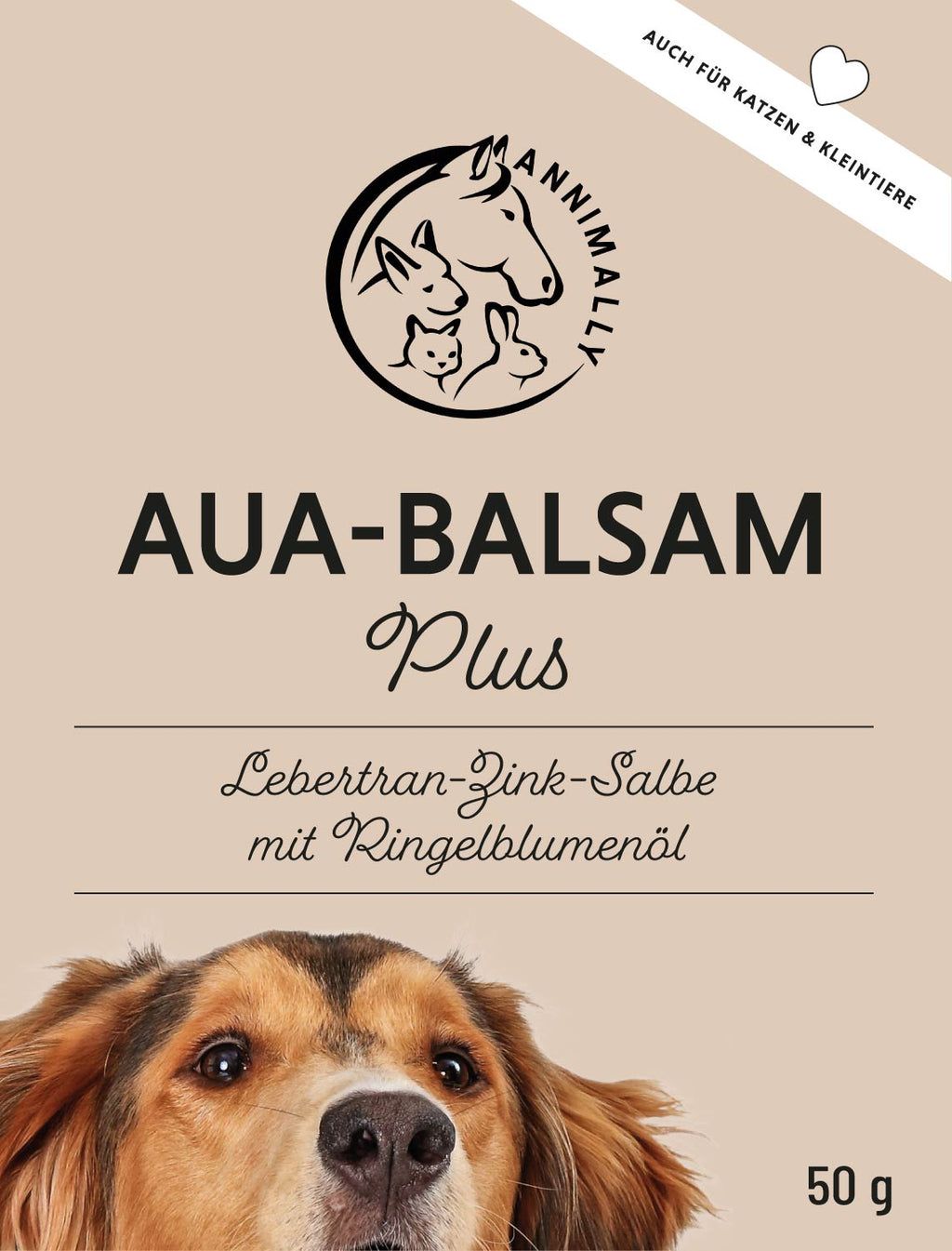 Sfondo beige con testo AUA-BALSAM Plus. Logo animale. Testo: Lebertran-Zink-Salbe mit Ringelblumenöl. 50 g.