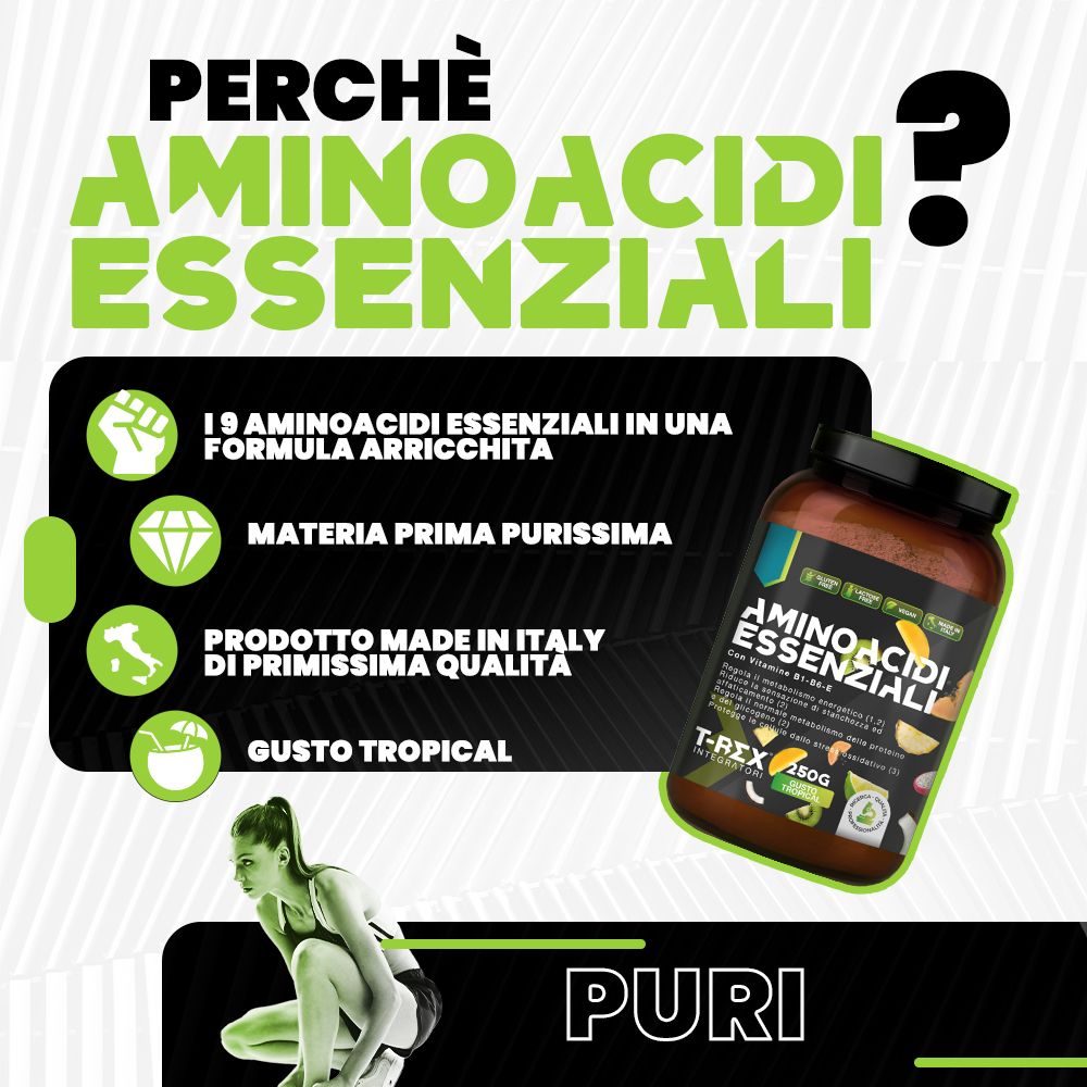 Barattolo marrone di aminoacidi. Testo: aminoacidi essenziali, 19 aminoacidi, Made in Italy, gusto tropical. Donna che si allena.