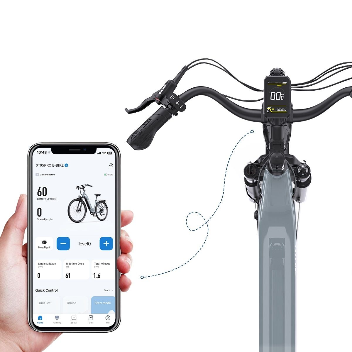 Manubrio e-bike con display. Smartphone mostra informazioni app. Linea tratteggiata.
