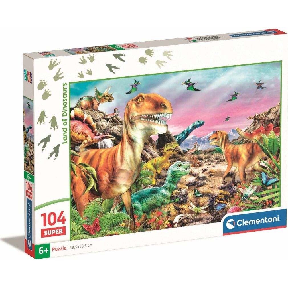 Scatola puzzle Clementoni. Motivo: puzzle di dinosauri. Contiene 104 pezzi. Età consigliata: 6+. Con logo e informazioni.
