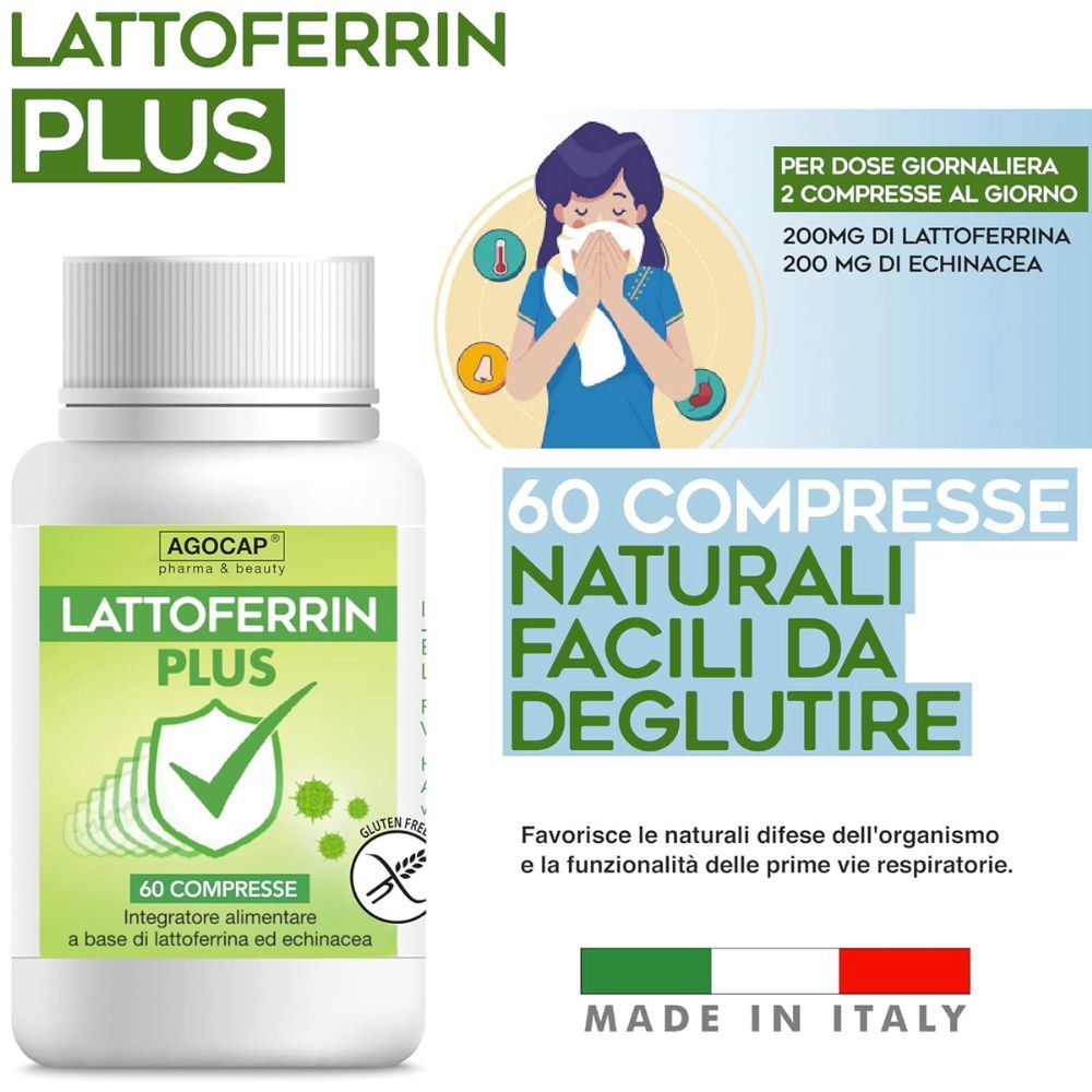 Flacone di compresse con scritta verde Lattoferrin Plus. 60 compresse. Illustrazione di persona con raffreddore.
