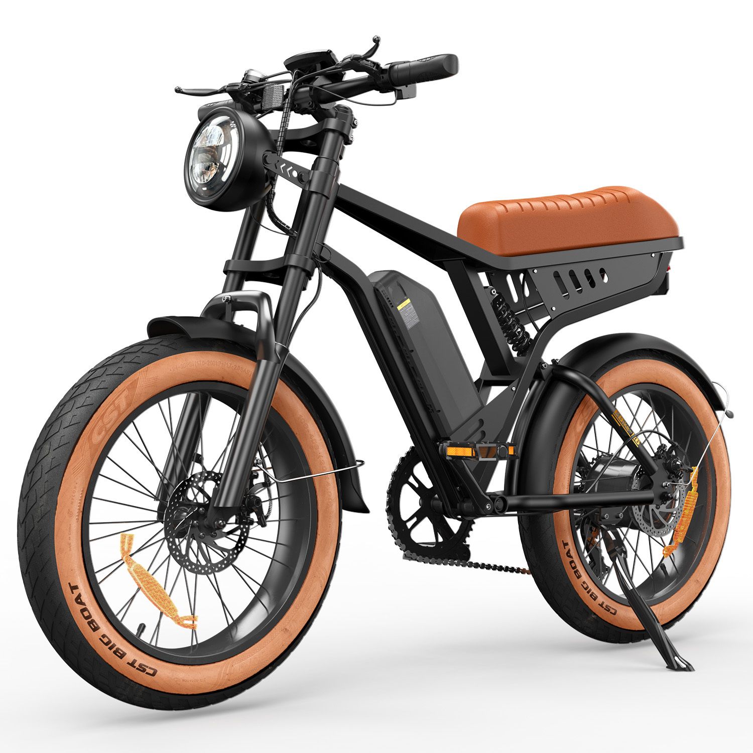 E-bike nera con sella e pneumatici marroni. Pneumatici larghi, faro e batteria.