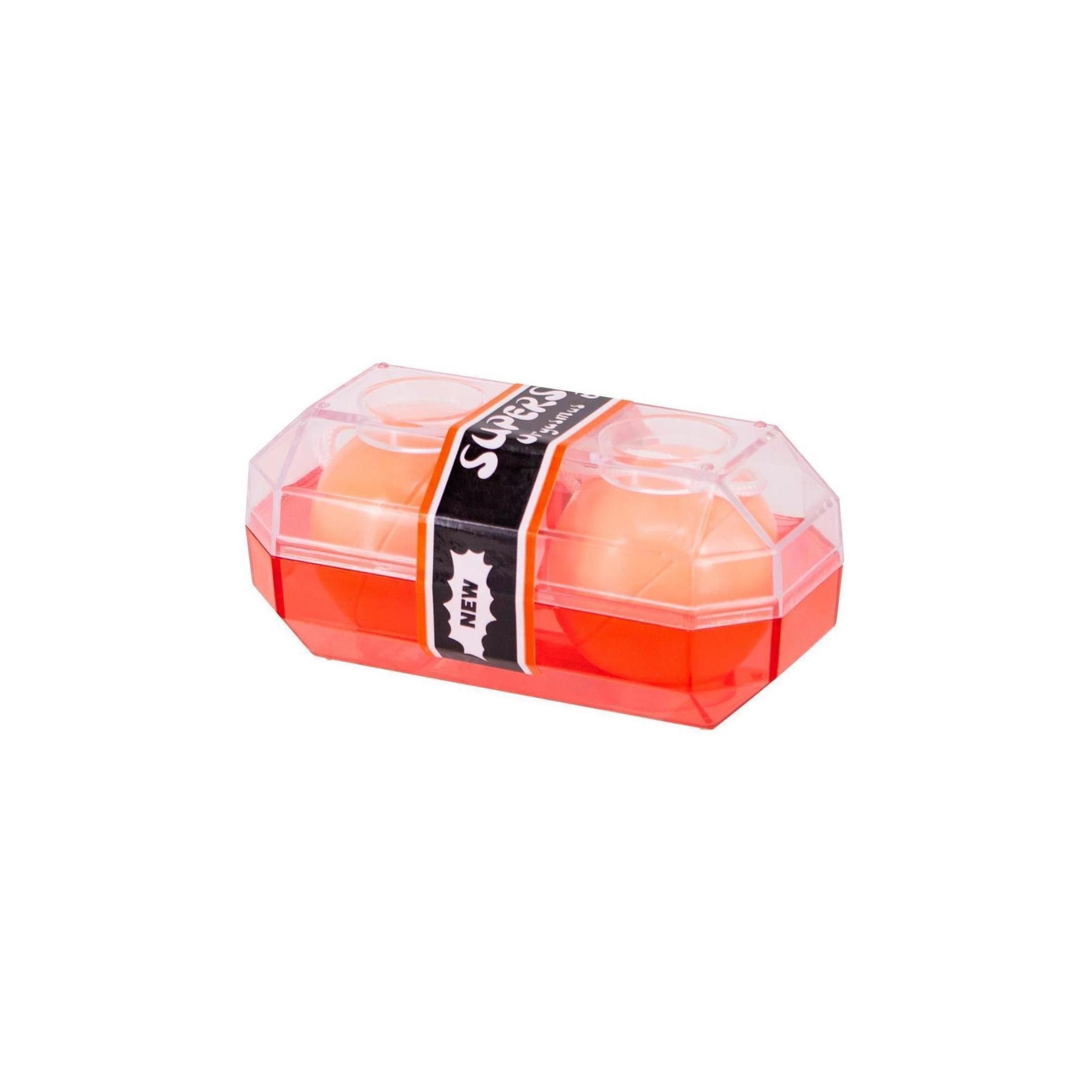 Due sfere in confezione arancione. Scritta "SUPERSOFT". Banda nera con "NEW".