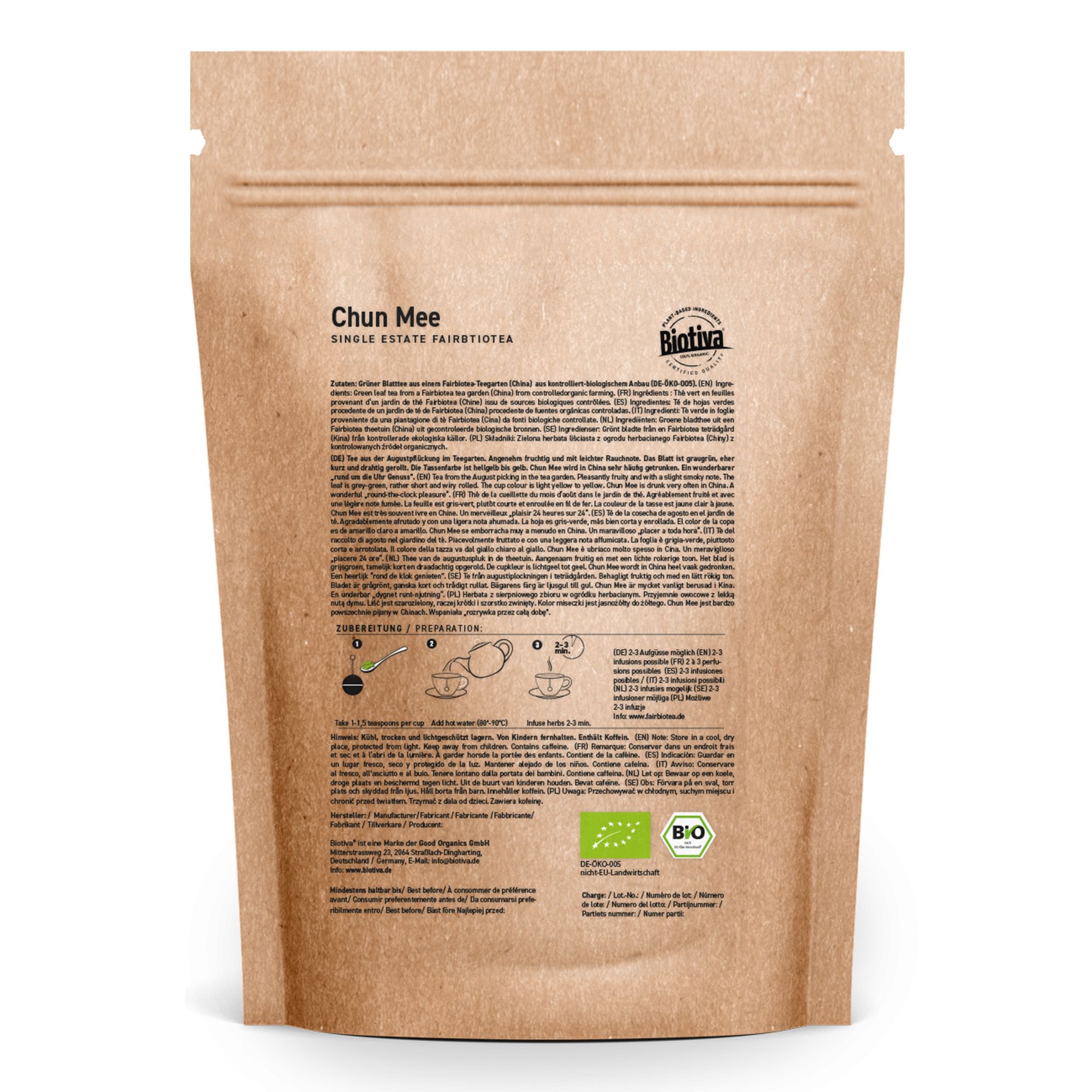 Confezione marrone con testo. Scritta: Chun Mee, Single Estate Fairbiotea, Biotiva. Sigillo biologico.