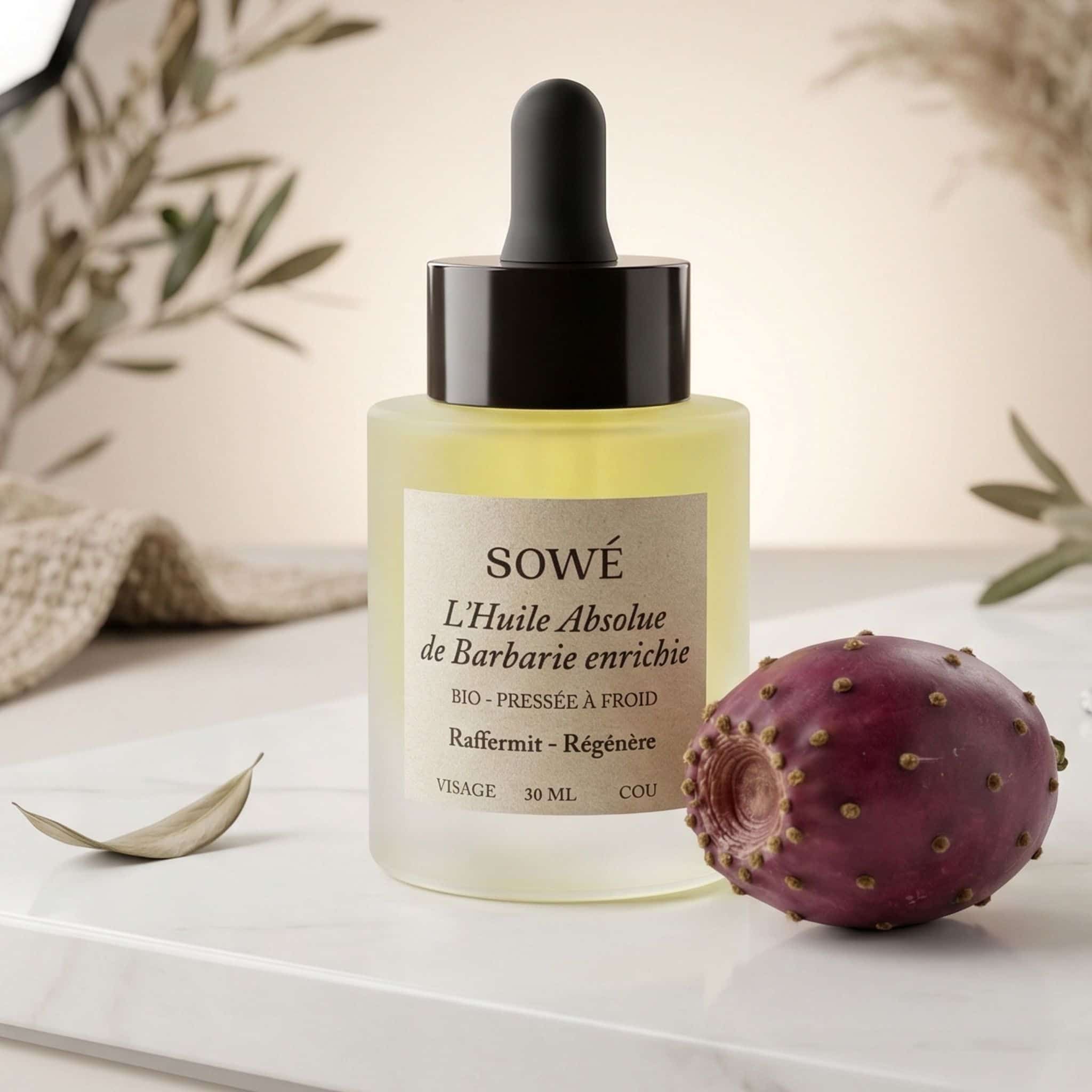 SOWÉ Olio di fico d'India. Flacone con contagocce, accanto a un fico d'India.