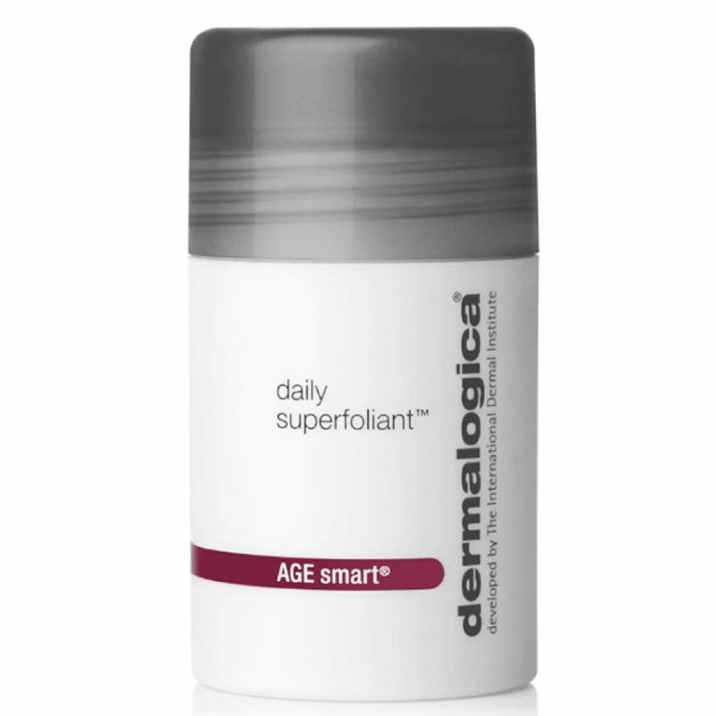 Flacone cilindrico bianco con coperchio grigio. Scritta "daily superfoliant" e "AGE smart". Marchio: dermalogica.