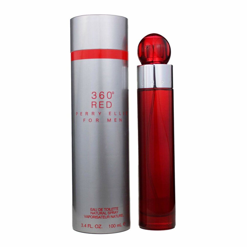 Flacone di profumo rosso e confezione argentata. Scritta: 360° RED PERRY ELLIS FOR MEN. Flacone con tappo rosso.