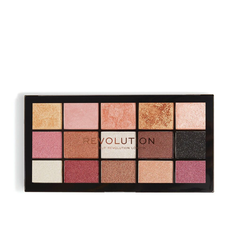 Palette trucco con 15 ombretti in varie tonalità rosa, oro e marrone. Marchio 'Revolution London' visibile.