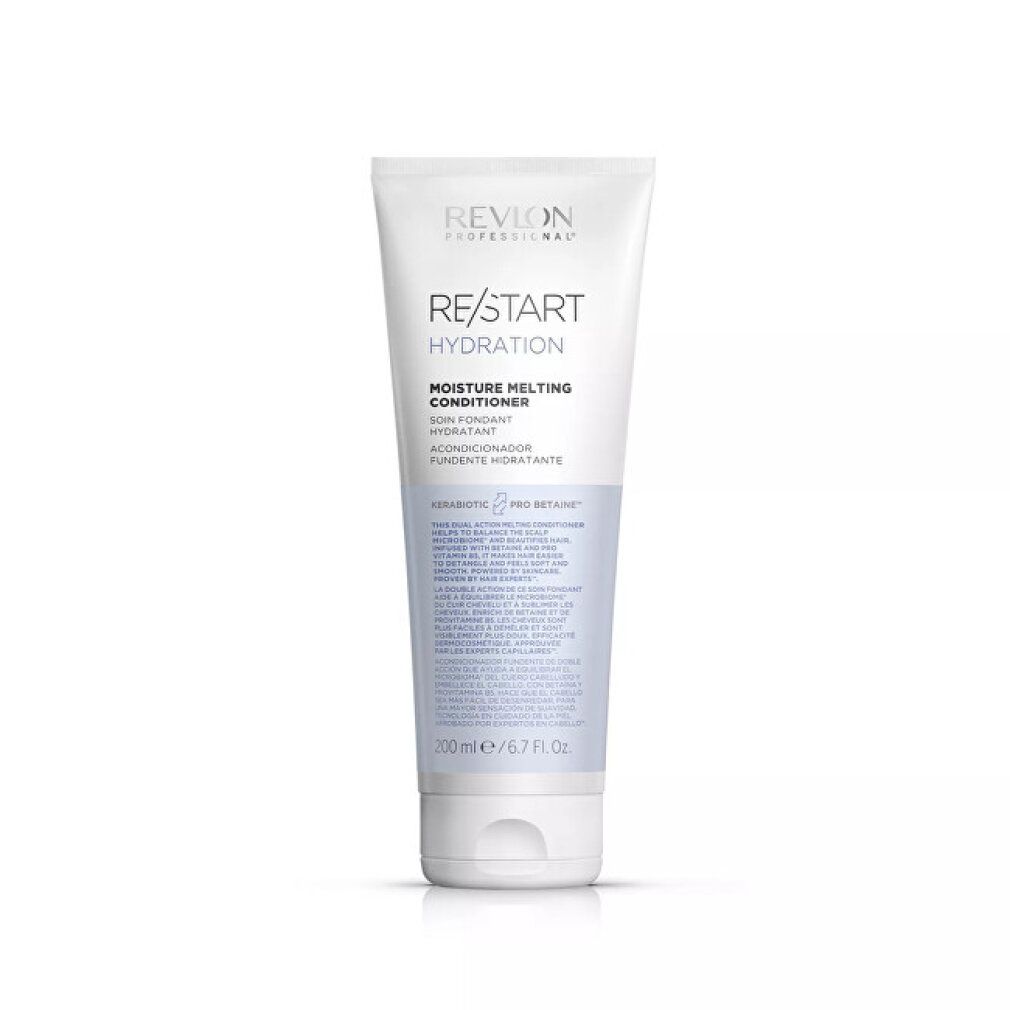 Tubo morbido di balsamo. Scritta: Revlon Professional, Re-Start Hydration, Moisture Melting Conditioner. Capacità: 200 ml.